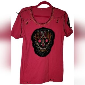 Pink Embroidered Sugar Skull Tee Shirt, Size Large